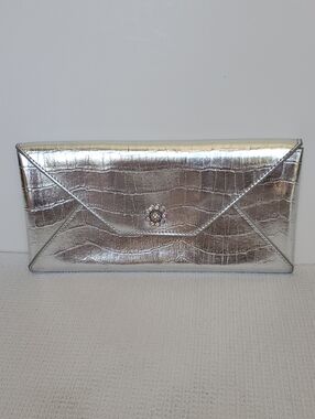 Spring Street Silver Croc-Embossed Faux Leather Envelope Clutch Crystal Detail
